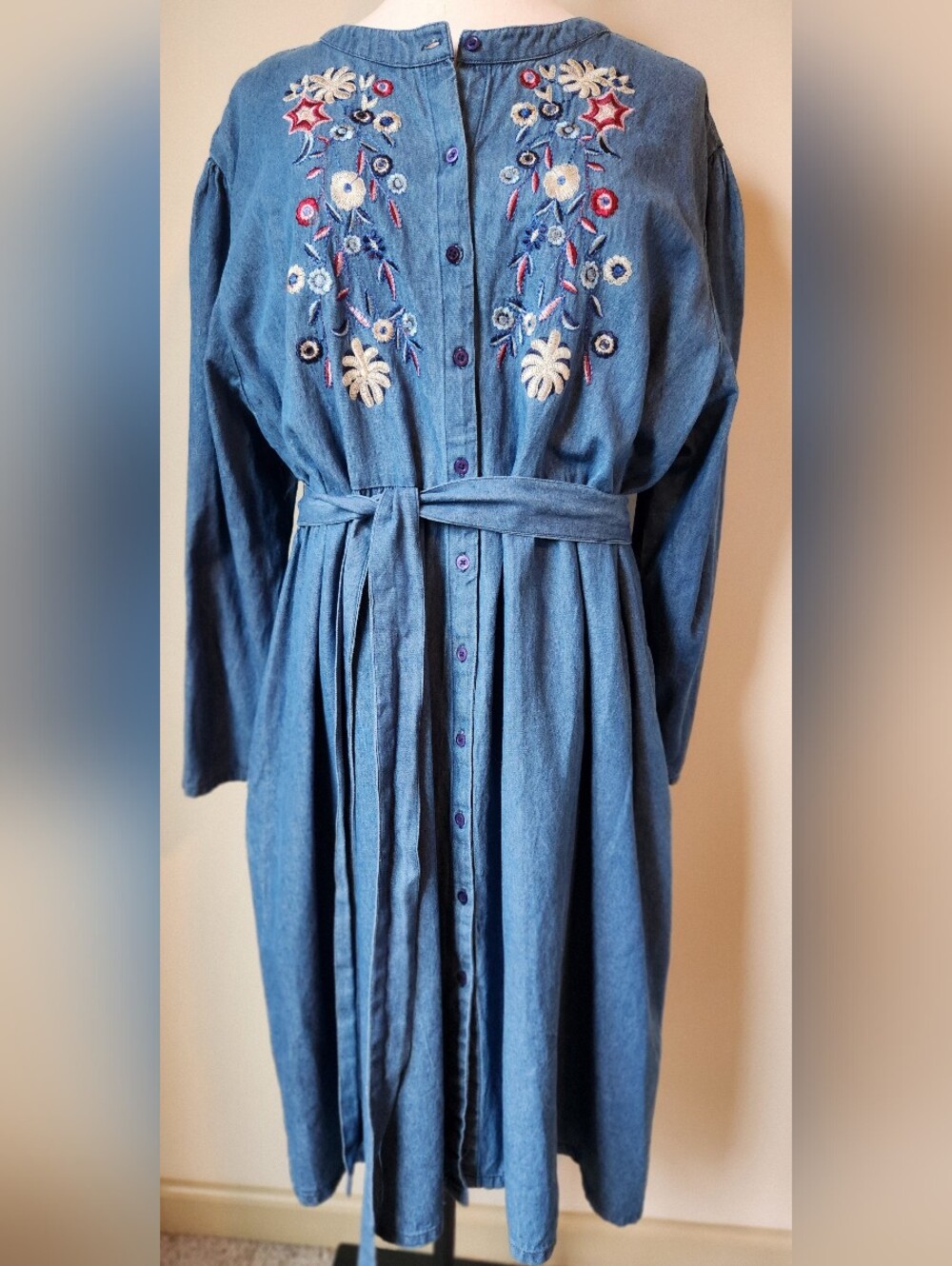 Denim Moves 4X Embroidered Denim Midi Shirt Dress Long Sleeve Band Collar Boho